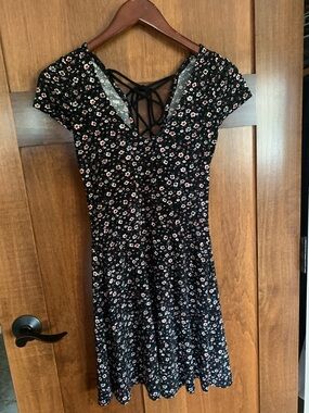 Aeropostale Black Floral Lace-Up Fit & Flare Mini Dress